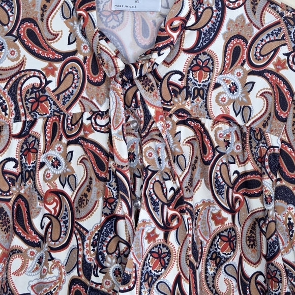 Vintage Fire Islander | Orange Cream Paisley Tie Neck Long Sleeve Blouse - Picture 2 of 6